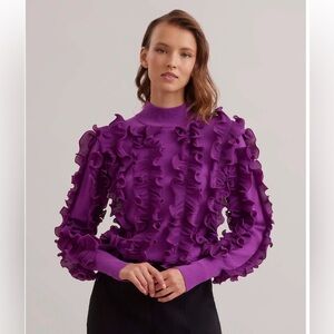 Anne Fontaine Purple Sidaline Pleated Ruffle Sweater Mock Neck 44 Euro/ W 12
